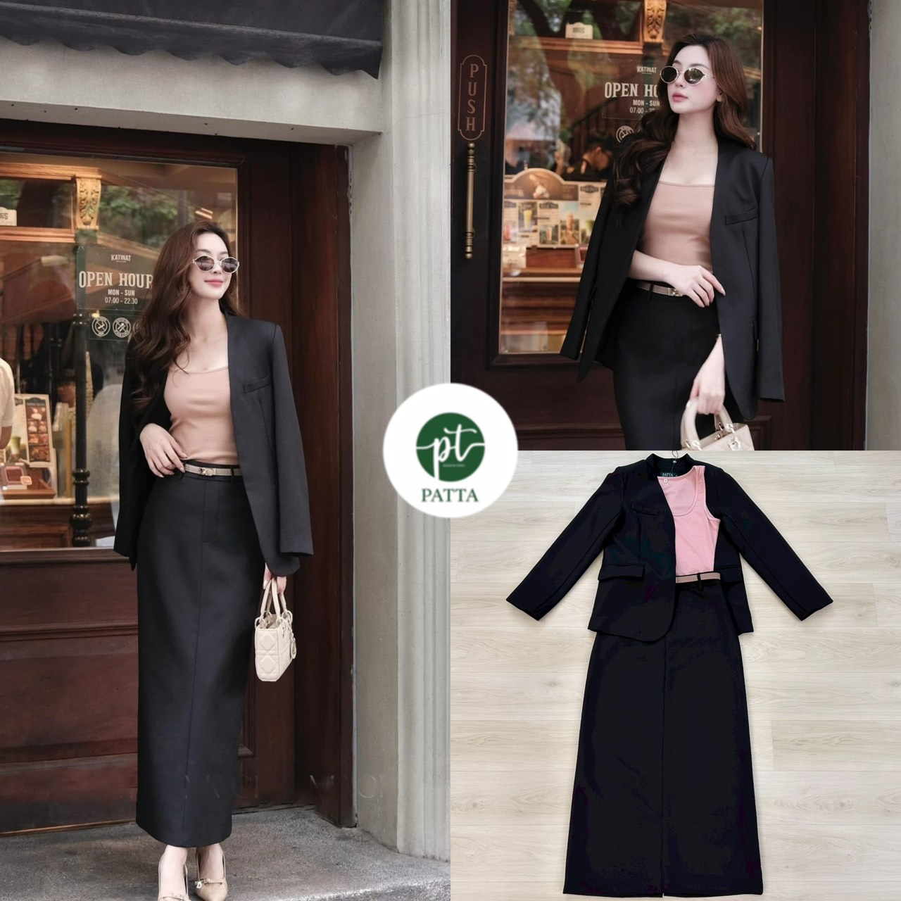 Set 3ชิ้น สุดคุ้ม เสื้อคลุมเบเซอร์แขนยาว สีดำ กระเป๋าหน้าใช้งานได้จริง มาพร้อมเสื้อกล้ามสีชมพูโอรส คอกลมตัวใน เนื้อผ้ายืดหยุ่นได้ตามตัว แมทซ์กับกระโปรงยาวทรงสอบสีดำ ดีเทลแต่งผ่าหลังยาว (ซิปหลัง) ใส่คู่กับเข้มขัดสีน้ำตาลเส้นเล็ก สวย เนื้อผ้าดีสุดๆ ลุคCEO ต