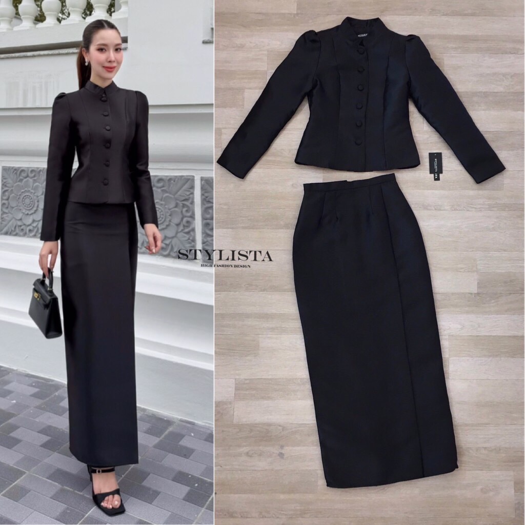 ชุดไทยจิตรลดา แขนยาว คอจีน ทรงเข้ารูป ปลายชายเสื้อทรงโค้งเพิ่มความเฟมินีน