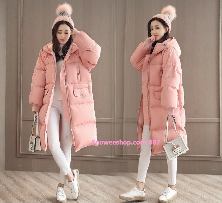 โค้ทขนเป็ดยาวทรงเบสิค ฟังก์ชั่นครบ สีชมพูหวานสายฮู้ดปรับได้