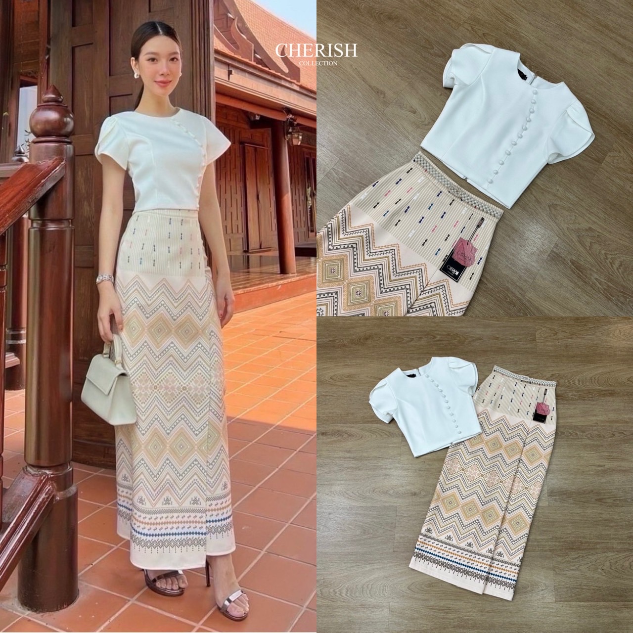 เช็ท 3 ชิ้น ชุดงานบุญ ชุดไทยหรือจะใส่เป็นธีมชุดเพื่อนเจ้าสาวก็เหมาะ ใส่ได้ทุก เทศกาล ดีเทล เสื้อคอกลม ซิปหลัง แต่งกระดุมเรียง เสื้อแขนทรงป้ายเสริมซับในอย่างดี ใส่คู่ผ้าถุงพิมท์ลาย เนื้อผ้าใส่สบาย มีเข็มขัด ไม่ว่าจะออกงานไหน ก็สวยยืนหนึ่งค่ะ