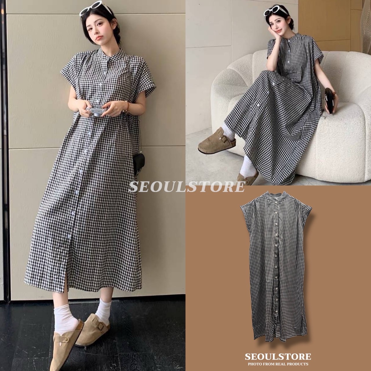 เดรสยาวแขนสั้นทรงหลวม คอปกติดกระดุมด้านหน้า เนื้อผ้าคอตตอนลายสก็อต ใส่สวยค่ะ