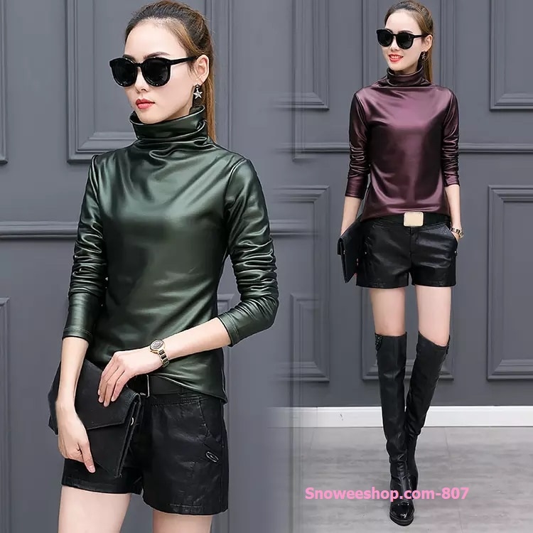 เสื้อหนังกันหนาวคอเต่าบุในกำมะหยี่หนังPU