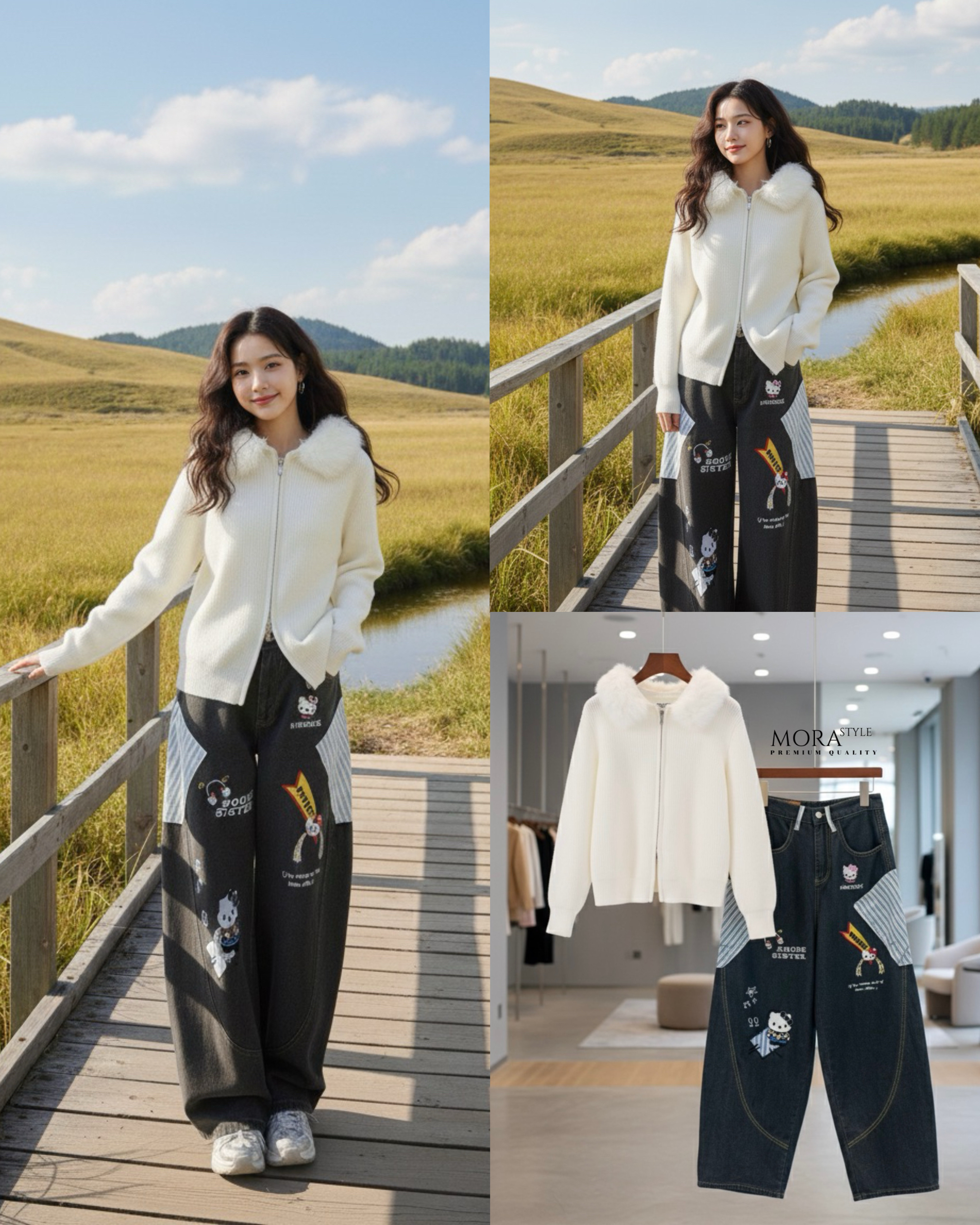 เซ็ท 2 ชิ้น กางเกงยีนส์เอวสูงขากระบอกใหญ่ทรงหลวมมีสม๊อคด้านหลัง ปักน้องการ์ตูนสุดน่ารัก แต่งกระเป๋าลายสก๊อตสีฟ้า มาพร้อมกับเสื้อไหมพรหมแขนยาวแต่งขนเฟอร์ช่วงคอมีซิปรูดด้านหน้าผ้ายืดหยุ่นใส่สบายเป็นอีกหนึ่งคอลเลคชั่นหน้าหนาวนี้ที่ต้องมีติดตู้นะคะ