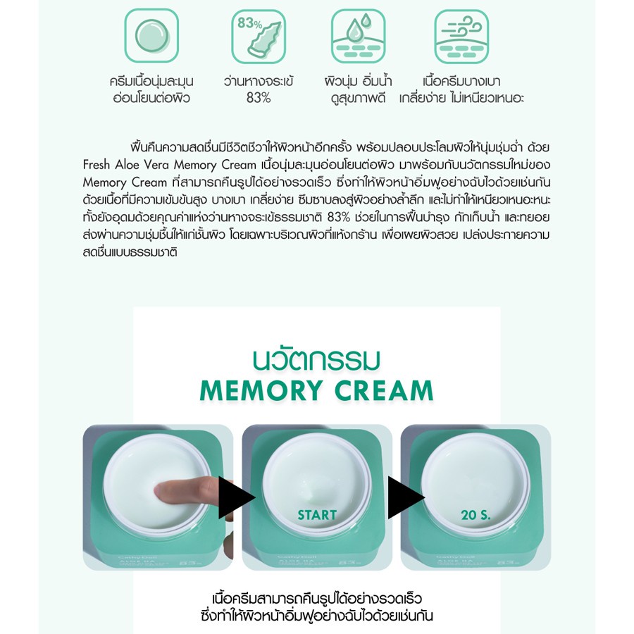 ❤ เคที่ดอลล์ ครีมว่านหางจระเข้ ซึมเร็ว บางเบา ชุ่มชื้น เปล่งประกาย 50g Cathy Doll AloeHa Fresh Aloe Vera Memory Cream
