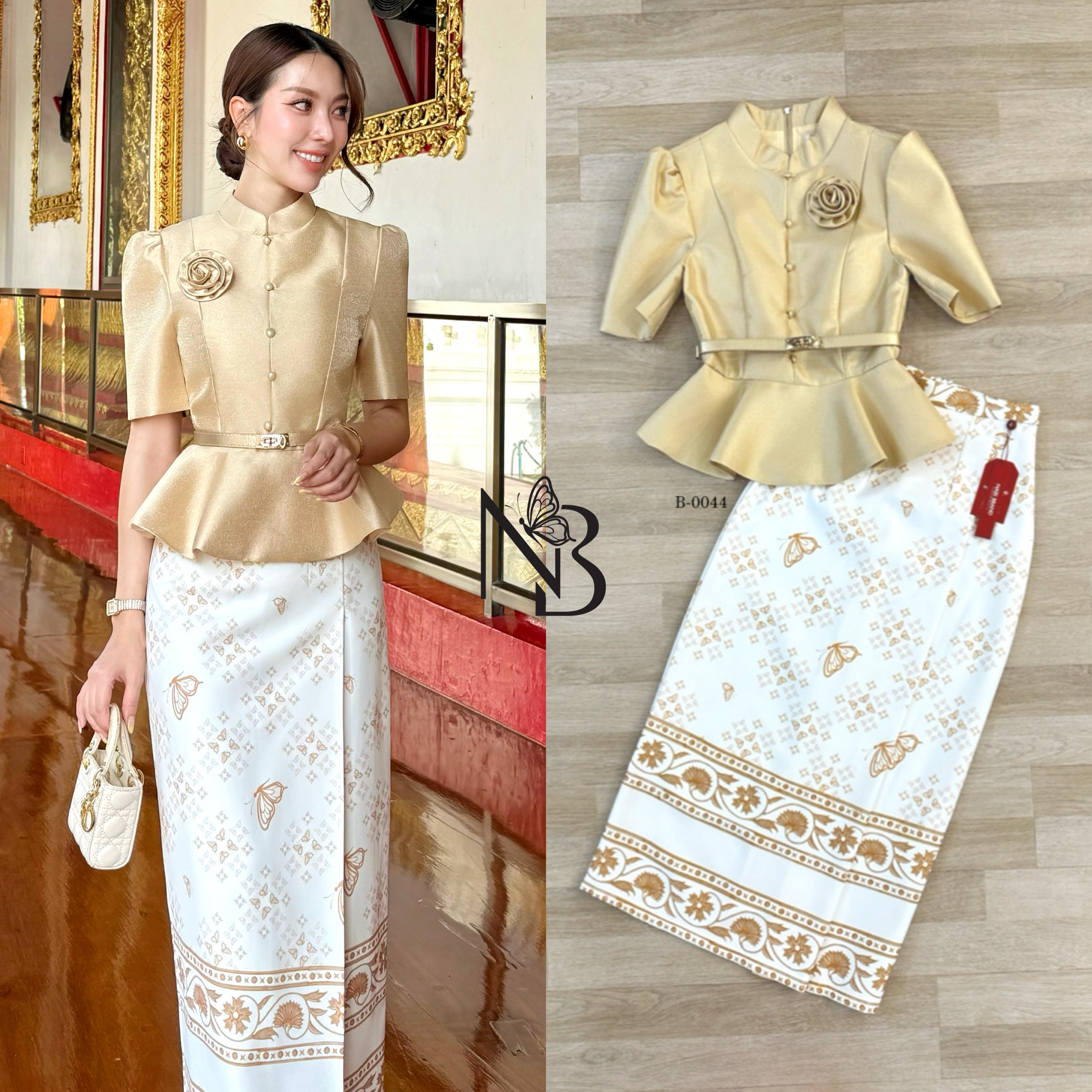 ชุดเซ็ตเสื้อแขนสั้น คอจีน ดีไซน์แต่งกระดุมด้านหน้า งานซิปหลัง ผ้าเงาสวยหรูอยู่ทรง มีฟองน้ำ ซับใน มาคู่กับกระโปรงพิมพ์ลายผีเสื้อ ผ้านุ่มงานอัดกาว ทำให้อยู่ทรง มีซับในอย่างดีงานซิปหลัง สวมใส่ง่าย ใส่แมทช์กับเสื้อและเข็ม คือสวย ดูสง่าผู้ดี สามารถใส่ออกงาน ใส