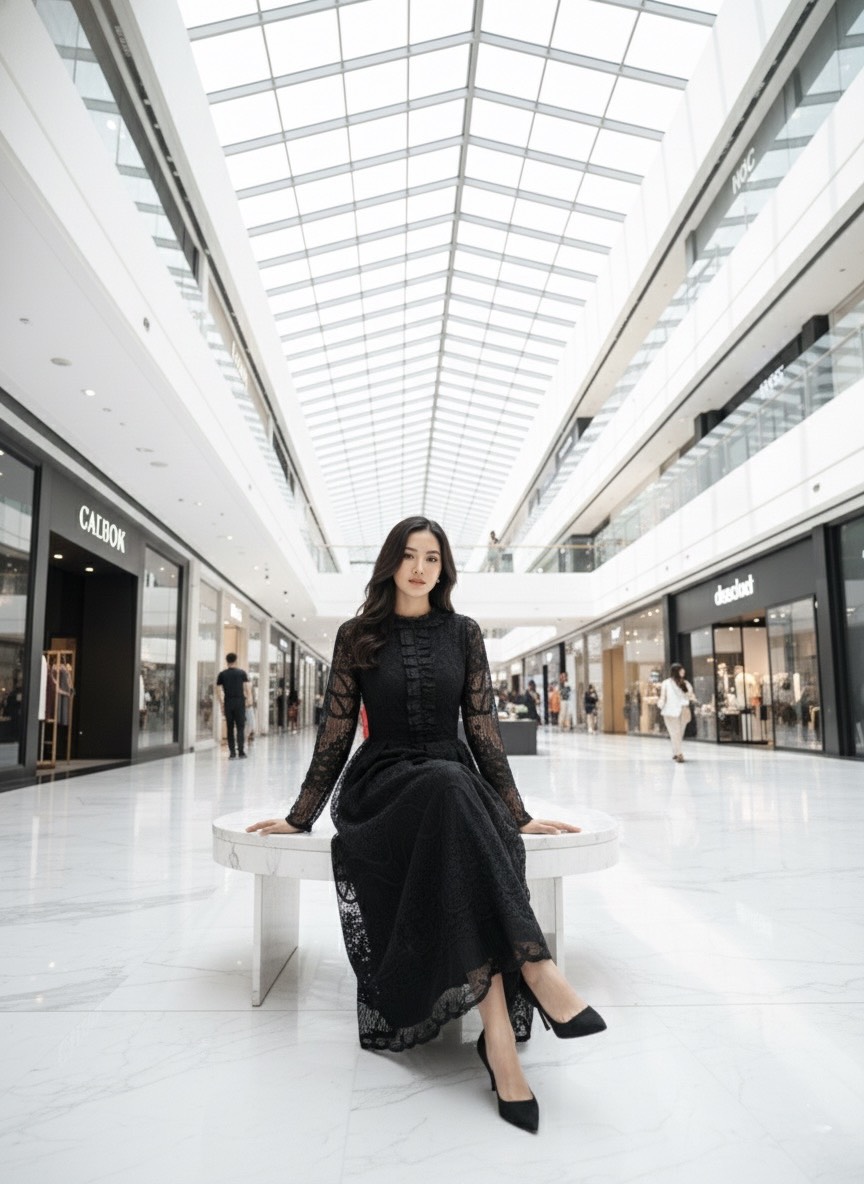 เดรสยาวแขนยาวปักลาย มีสีครีมและสีดำ