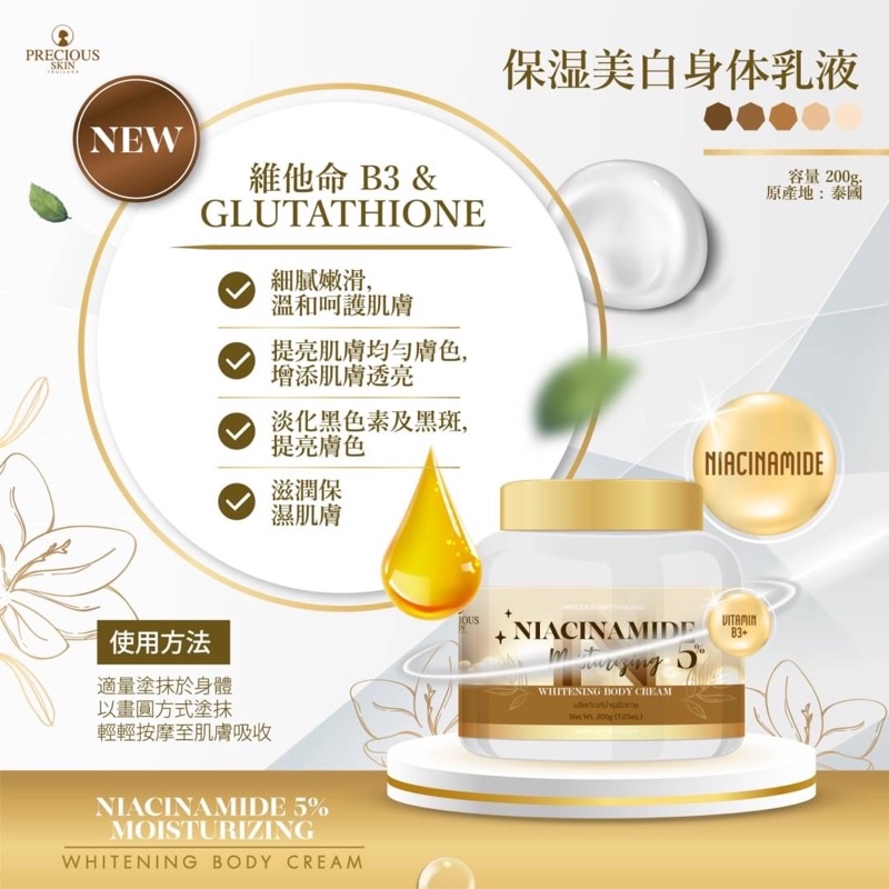 Niacinamide 5% Moisturizing whitening body cream 200g. ครีมบำรุงผิวขาว