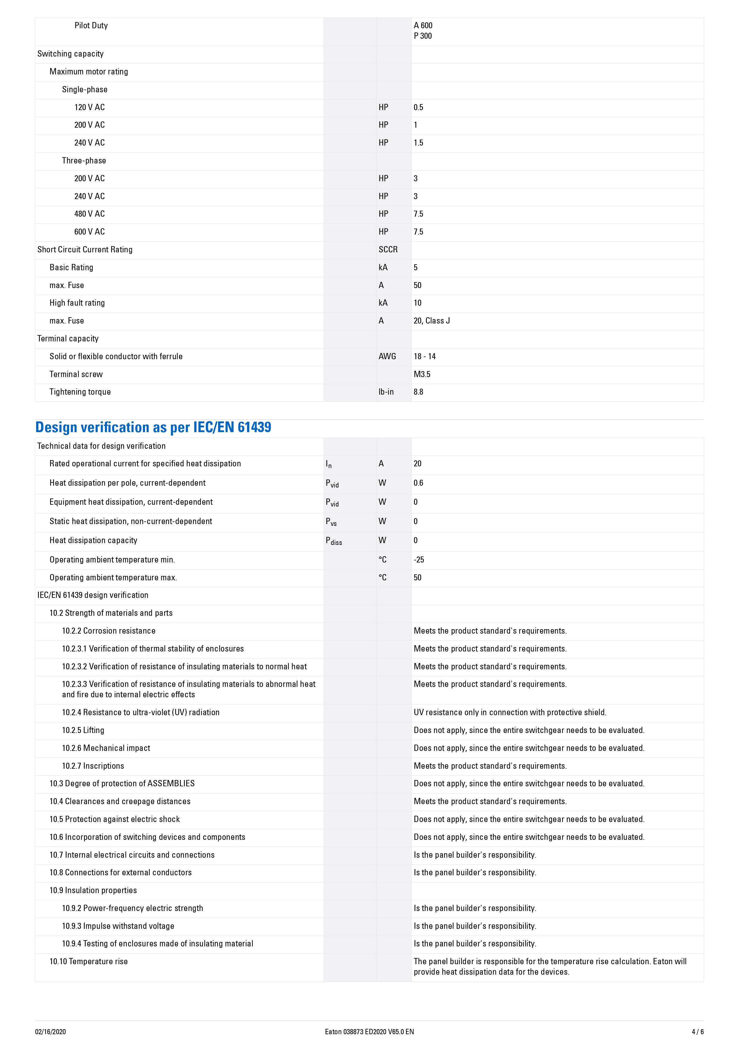 EATON : Main switch panel T0-2-1/EA/SVB 3P 20A