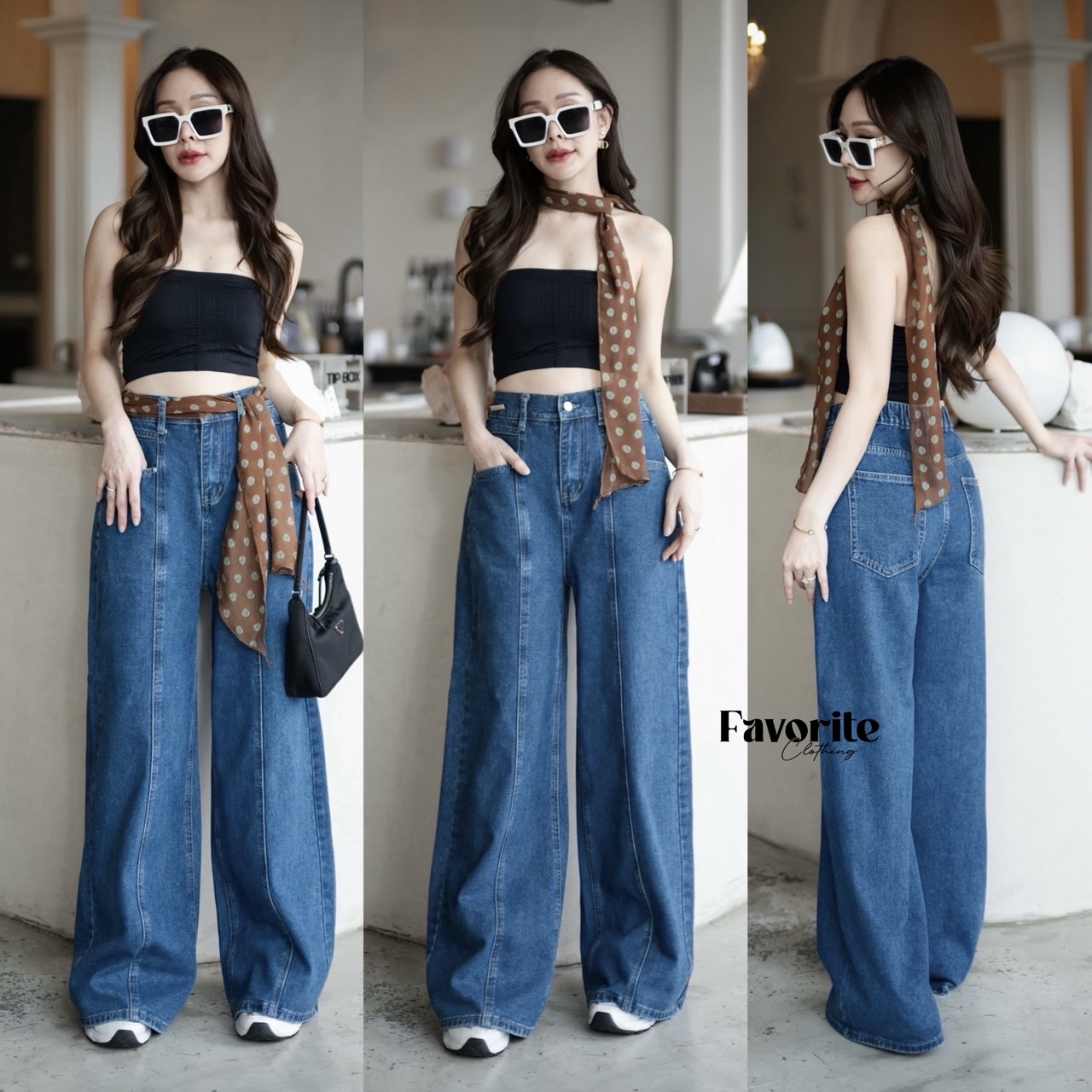 กางเกงยีนส์ขายาว❣️ กางเกงยีนส์ขายาว แต่งตีเกล็ดด้านหน้า เอวดึงยางสม็อคด้านหลัง งานผ้ายีนส์สวยมาก ใส่แล้วทรงสวยมากค่า มาพร้อมผ้าผูกลายจุด เก๋มากค่า แล้วแต่เราจะmix and match เลยค่ะ ห้ามพลาดเลย!!!!! (Free Polka dot fabric)