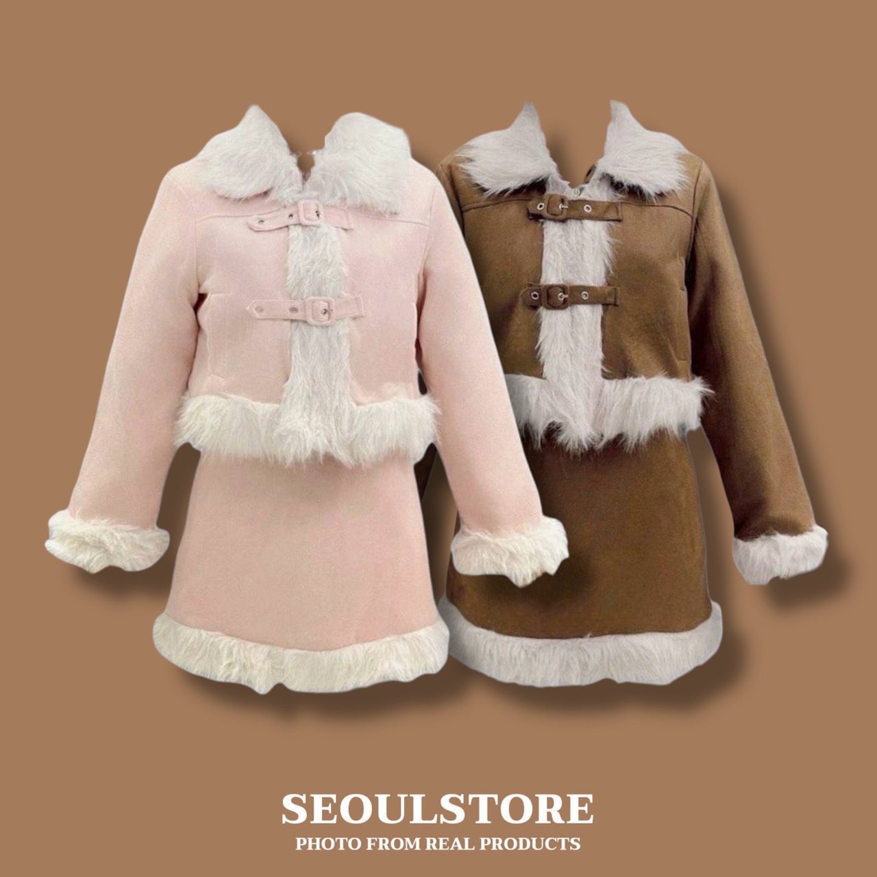 Set 2 ชิ้น เสื้อแต่งขนเฟอร์สีสดใสน่ารัก+กระโปรงเข้าชุด