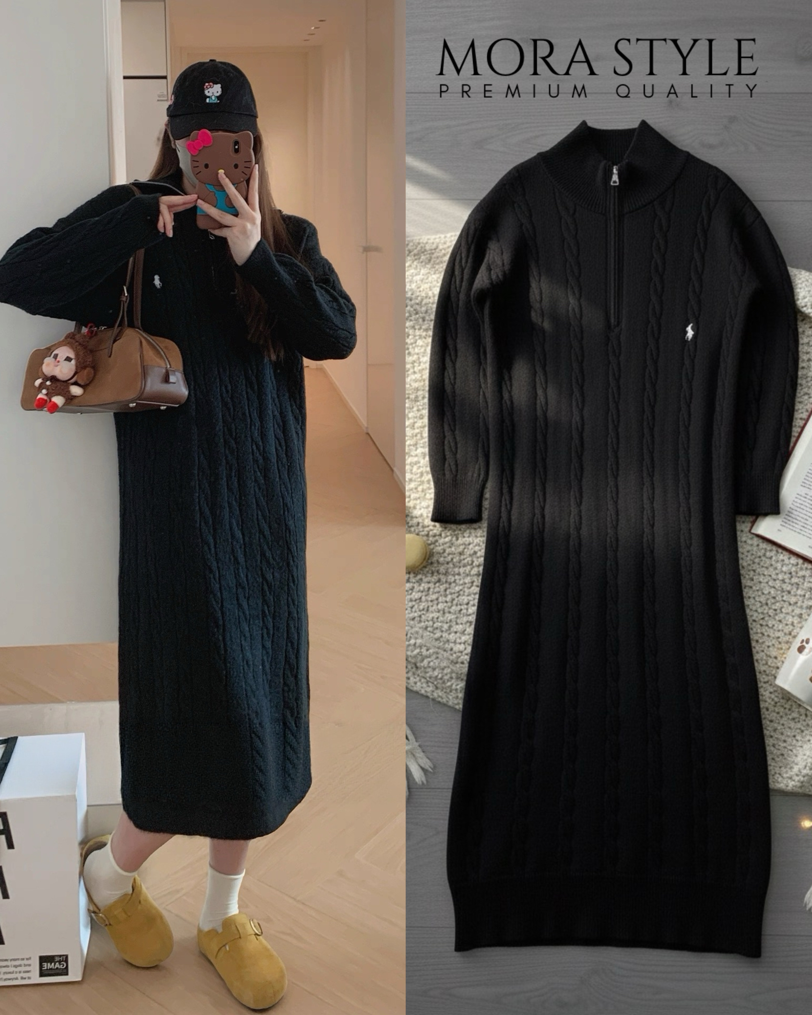 เดรสไหมพรหมแขนยาว คอเต่า เนื้อผ้านุ่มใส่สบาย ปักโลโก้ด้านหน้า มีซิปรูด เป็นอีกหนึ่งคอลเลคชั่นแนะนำสำหรับหนาวนี้เลยค่าา