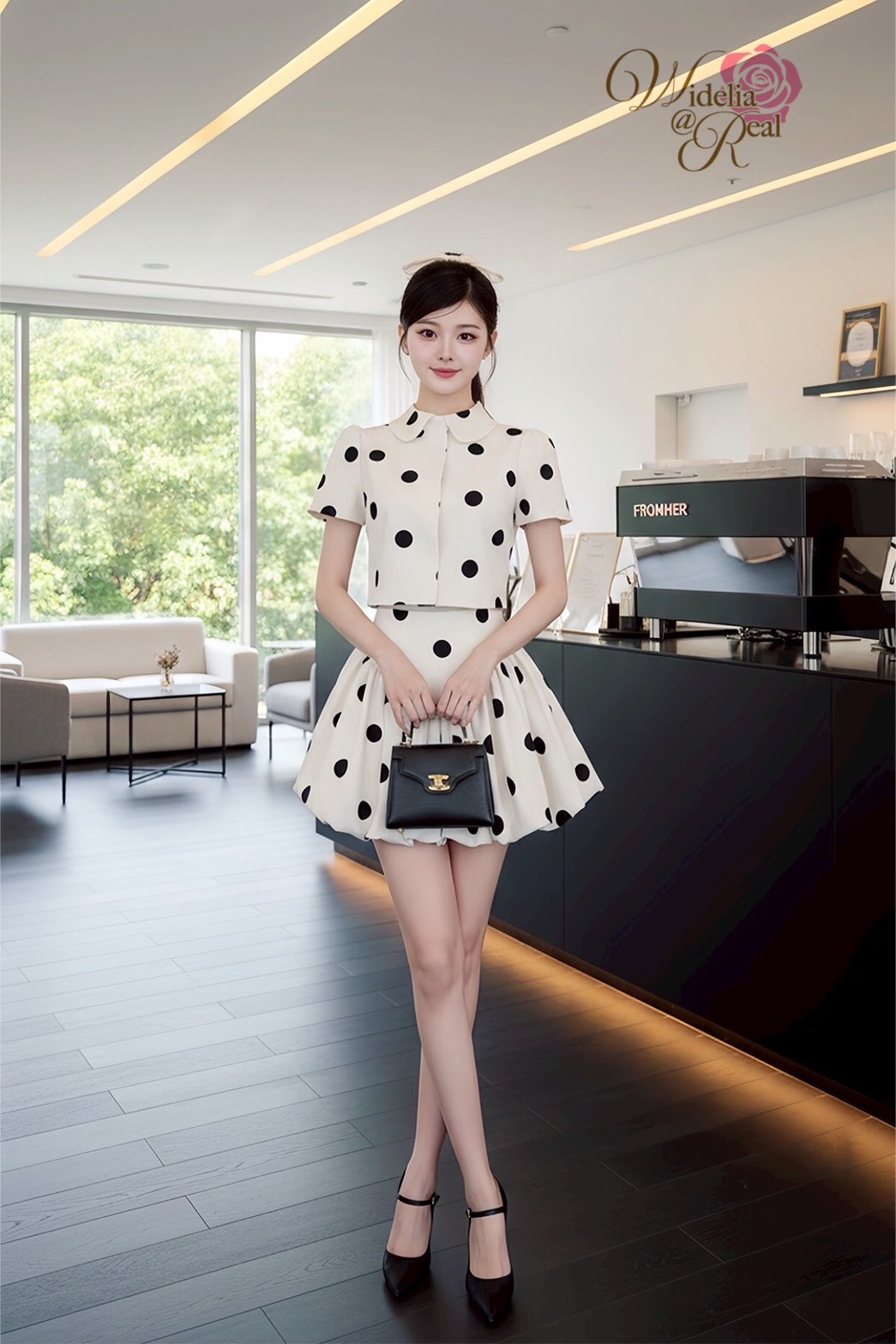 Set เสื้อกับกระโปรงสั้นทรงบอลลูน ตัวเสื้อทรงเชิ้ต แขนสั้น ติดกระดุมหน้า เนื้อผ้าลายจุด ผ้าดี มีน้ำหนัก ไม่บาง ตัวกระโปรงสั้น เอวสูง ซิปหลัง รุ่นนี้งานสวย ทรงเป๊ะ คัทติ้งเนี้ยบมากๆค่ะ รับรองใส่ออกมาไม่ผิดหวังการันตีให้เลย บอกเลยห้ามพลาดเด็ดขาดงานดีงานสวยจร