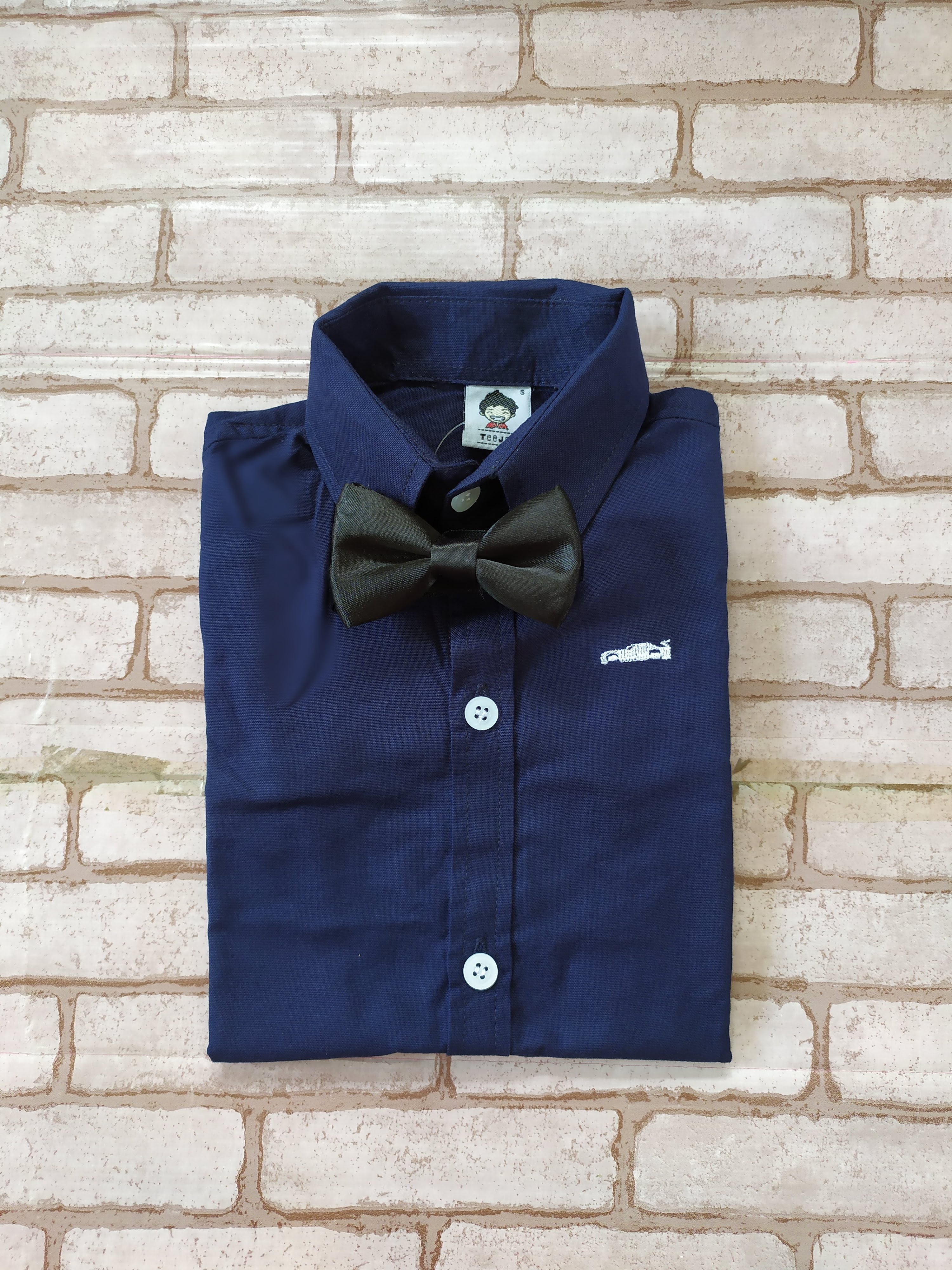 B+B36031 เสื้อเชิ้ตเด็ก แขนยาวสีกรมท่า พร้อมโบว์สีดำ