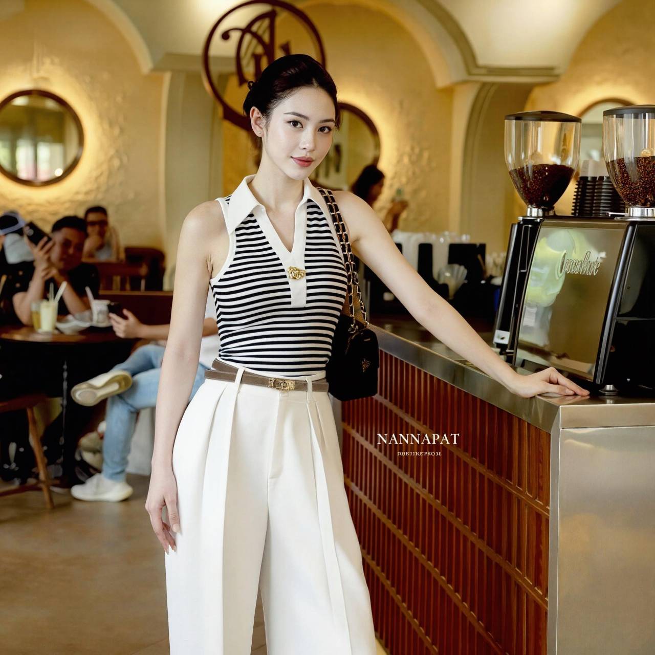 เซ็ทสามชิ้น ตัวเสื้อแขนกุดผ้ายืดลายทางหนานุ่ม ใส่สบาย แต่กระดุมสวยเก๋ มากับกางเกงขายาวผ้าสูท ทรงสวยมาก แถมเค้ามีเข็มขัดมาให้แม็ชอีกเส้น ครบจบลงตัว ทำถึงไม่ไหว