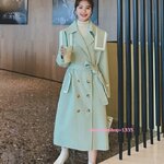 Long Coat high-end เสื้อโค้ทผู้หญิงสไตล์เกาหลีเกรดพรีเมี่ยมสีเขียวพาสเทล แต่งปกใหญ่ไม่ซ้ำแบบใคร ทรงโอเวอร์ไซส์ใส่แบบหลวมๆ พร้อมเชือกเข็มขัดคาดเอว