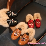 รองเท้าเด็กกันหนาวหนังเย็บ ขนเฟอ ฟูฟู