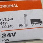 OSRAM หลอดไฟฟิวส์ 24V10W ขนาด 10x43 หลอดไฟในเก๋ง ไฟในห้องโดยสาร ไฟส่องป้ายทะเบียน ราคา ด้านหน้าคือราคาหลอดละ ด้านหลังคือราคา กล่องละ 1 กล่องมี 10 หลอด