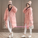 โค้ทขนเป็ดยาวทรงเบสิค ฟังก์ชั่นครบ สีชมพูหวานสายฮู้ดปรับได้