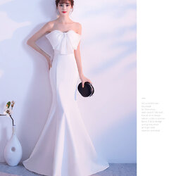 ชุดราตรียาวสีขาว เกาะอกแต่งโบว์ แนวเรียบหรู สวยดูแพง ใส่ออกงานราตรี งานแต่งงานกลางคืน