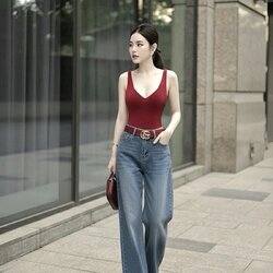 เสื้อ บอดี้สูทคอวีสีแดงสด + กางเกงยีนส์ทรงกระบอกใหญ่ เอวสูงปรี๊ด สีฟอกสวย + เข็มขัดหนังสีแดงอะไหล่ทองให้อีกเส้น