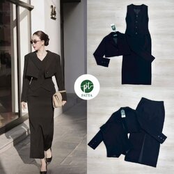 เซต3ชิ้น สีดำ เสื้อคลุมแขนยาวตัวสั้นมีกระดุมหน้า มาคู่กับเสื้อแขนกุดตัวในมีกระดุมหน้าเรียงยาว ดีไซน์สวย คุ้มสุดๆ มาพร้อมกับกระโปรงยาวทรงสอบ และดีเทลผ่าหลังดีไซน์สวย (มีซิปหลัง) เย็บซับในอย่างดี ทรงสวยแพทเทิร์นเป๊ะมาก
