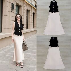 Set 2 ชิ้น เสื้อแขนกุดคอปกสีดำ ดีเทลแต่งอะไหล่ทองด้านหน้า มีกระดุมแป๊กด้านใน อกเสริมฟองน้ำให้ทรงสวย แมทส์กับกระโปรงยาวสีครีมผ้าพริ้วลื่นชาติน มีชับในและซิปข้าง ใส่คู่กันคือสวย ลัคชู สุดๆ บอกเลยลุคนี้ห้ามพลาด
