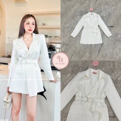 เซท 2 ชิ้น เดรสคลุมเบเซอร์คอปกแขนยาว ทรงโอเว่อไซส์ แต่งกระเป๋าหลอก เนื้อผ้าดีมี