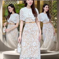 มิดิเดรสลูกไม้ดีไซน์คลุมไหล่มาพร้อมเข็มขัดเข้าเซต