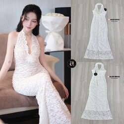 เดรสยาวเนื้อผ้าลูกไม้สายคล้องคอมีกระดุม โชว์หลัง ด้านหน้าวีตรงอกแต่งผ้าชีฟองทำเป็นดอกไม้ ( ไม่เสริมฟองน้ำ ซิปหลังซ่อนอย่างดี ) ตัวเดรสทรงเข้ารูปสวย ชายกระดิ่งบานนิด ๆ มีซับในทั้งตัว สวยเริ่ดมากๆค่ะ