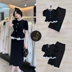 ชุด Set2ชิ้น เสื้อแขนสั้นสีดำทั้งชุด คอกลมแต่งระบาย แต่งระบายผ้าแก้วสีขาวชายเสื้อและแต่งอ่ะไหล่กระดุมทอง (มีซิปหลัง) มาพร้อมกระโปรงทรงสอบดีเทลผ่าหลัง ดีไซน์สวย