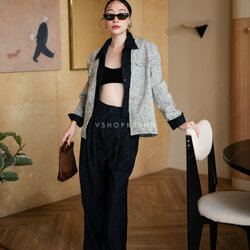 Set เสื้อแขนยาวผ้าทอต่อเชิ้ตด้านใน + กางเกงขายาว