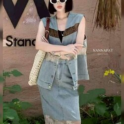 เซ็ทกระโปรง ยีนส์แท้ฟอกซีด สวยจึ้ง ตัดต่อกับผ้าลูกไม้ทูโทนลงตัวเวอร์ๆ ตัวเสื้อยาว โอเวอร์ไซส์กำลังดีเก๋ๆ ตัว