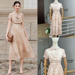 เซท 2 ชิ้น เดรสยาวคลุมเข่าแขนสั้นคอปกตัดต่อกระโปรงอัดพรีท มาพร้อมเข็มกลัดดอกไม้ใหญ่ งานสวยมีซับใน ซิปหลัง