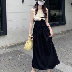 เดรสยาวแขนกุด ทูโทน กระโปรงทรงบานเนื้อผ้าดี ใส่สบายค่ะ