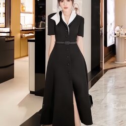 เดรสตังยาวสีดำ มาในทรงคอปกทูโทนตั้งสวยสง่า ดีไซน์สวย หรู old money ดูแกรมมากๆค่า ต้องมีเลยค่า