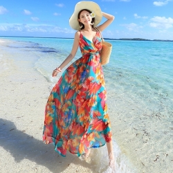 maxi dress ชุดเดรสยาว พร้อมส่ง สีโทนสดใส คอวีลึก สายเดี่ยว ลายดอกไม้สีโทนส้ม+