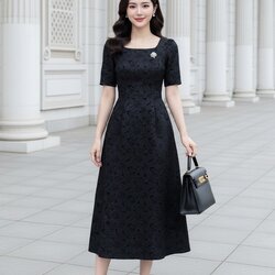 Dress เดรสยาวผ้าลัคชูลายดอกไม้ + เข็มกลัดสีทอง คอกลม ซิปหลัง มีซับใน