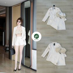 Set 3ชิ้น สุดคุ้ม เสื้อสูทแขนยาวคอปก กระดุมหน้า ช่วงไหล่เสริมฟองน้ำ กระเป๋าหน้าใช้งานได้จริง แต่งกระดุมช่วงปลายแขนทั้งสองข้าง มาพร้อมเสื้อคอปสายเดี่ยวตัวใน อกเสริมฟองน้ำ