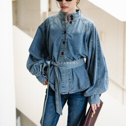 เสื้อเชิ๊ตยีนส์คอปีน แขนพอง เส้นแขน + เชือก