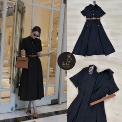 Set 2ชิ้น เดรสยาว+ เข็มขัด Maxi เดรสสีดำคอปกแขนสั้น ดีเทลแต่งกระดุมหน้า (มีซิปหลัง) ช่วงกระโปรงจับจีบคลายๆให้ทางสวยผ้าพริ้วใส่สบาย แต่งปกกระเป๋าหน้าใช้งานได้จริง