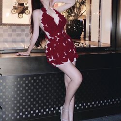 ชุดคล้องคอดอกไม้สีแดง หน้าอกเสริมฟองน้ำเป็นงานซิปหลังเป็นงานผูกคอแต่งด้วย detail ดอกไม้ 3-D ทั้งชุดตัวเดรสเป็นสีครีมรุ่นนี้ สวยเกิน