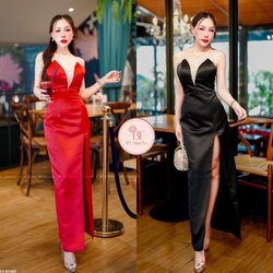 แม๊กซี้เดรสเกาะอก งานสวยแต่งปีกเว้าวีแหวกลึกช่วงอกแต่งผ้าซีทรูสามเหลี่ยมช่วงระหว่างอก ช่วงกระโปรงแต่งผ่าข้างผ่าสูง อกเสริมฟองน้ำ ด้านหลังเว้าหลัง งานสวยเนื้อผ้าดีมาก คัตติ๊งเป๊ะ มีซับใน