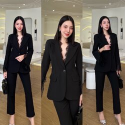 Set เสื้อสูทแต่งลูกไม้ที่คอปกเสื้อ+ กับกางเกงทรงกระบอกเล็ก ซิปหลัง