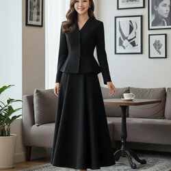 เซต 2 ชิ้น ชุดสุภาพสีดำล้วน เสื้อคอวีแขนยาว กระดุมสีดำด้านหน้า เอวเข้ารูป มากับกระโปรงยาวบานสีดำมีจีบกระโปรง ดูสุภาพเรียบร้อยมาก