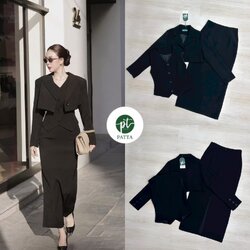 เซต3ชิ้น สีดำ เสื้อคลุมแขนยาวตัวสั้นมีกระดุมหน้า มาคู่กับเสื้อแขนกุดตัวในมีกระดุมหน้าเรียงยาว ดีไซน์สวย คุ้มสุดๆ มาพร้อมกับกระโปรงยาวทรงสอบ และดีเทลผ่าหลังดีไซน์สวย (มีซิปหลัง) เย็บซับในอย่างดี ทรงสวยแพทเทิร์นเป๊ะมาก