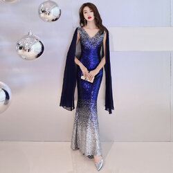 ชุดราตรียาวสีน้ำเงินกรมท่า-เงิน แขนกุดแต่งระบายปักเลื่อมทั้งชุด กระโปรงทรงหางปลา เรียบหรูดูแพง สวยดูดี แบบสวยทันสมัย ใส่ออกงาน งานราตรี ไปงานแต่งกลางคืน