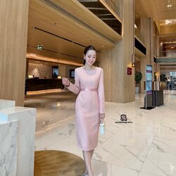 เดรสลูกไม้สีชมพูอัดกาวแขนยาว บุซับในทั้งชุด ซิปหลัง (S - 3XL)