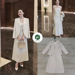 เซต2ชิ้น สีครีม เสื้อคลุมสูทแขนยาว ดีเทลแต่งกุ้นขอบกระเป๋า มาคู่กับเดรสสายเดียวยาว ( อกเสริมฟองน้ำ) ซิปหลัง ซัปในทั้งตัว ดีไซน์สวย คุ้มสุดๆ มาพร้อมกับกระโปรงยาวทรงสอบ และดีเทลผ่าหลังดีไซน์สวย