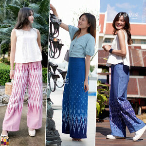 กางเกงขายาวทรงกระบอก ซิบหน้า + สม็อคหลัง ผ้าไทย ผ้าไทยใส่ทำงาน พร้อมส่ง LOOM Women Clothing