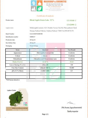 COA/MSDS -Color Green :Blend Apple Green Lake 32 % สีเขียวแอปเปิ้ลเลค /CI 19140:1+CI 42090:2 สีผสม ชนิดผง ละลายในน้ำมัน